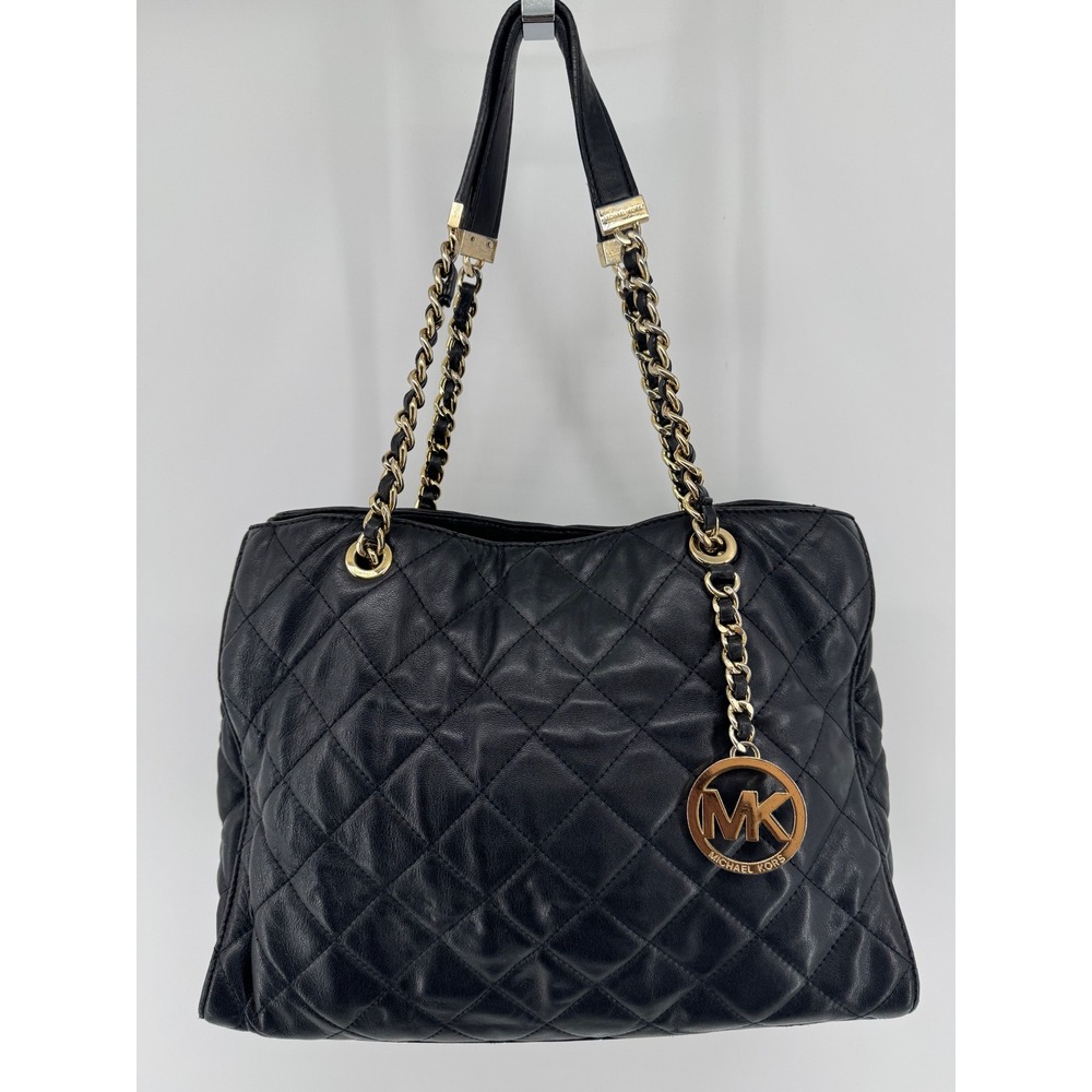 Michael Kors Susannah Quilted Leather‎ Shoulder Bag Large Black Gold Chain Tote